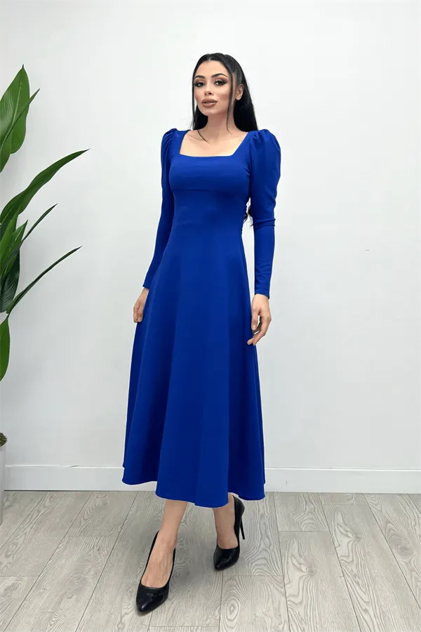 Crepe Fabric Square Collar Midi Dress - Saks Blue