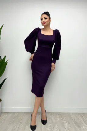 Crepe Fabric Square Collar Pen Dress - Eggplant Purple