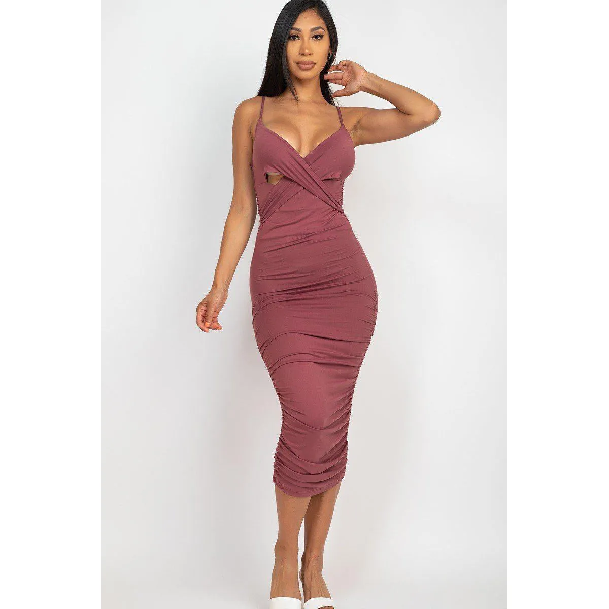 Cross Wrap Ruched Midi Dress