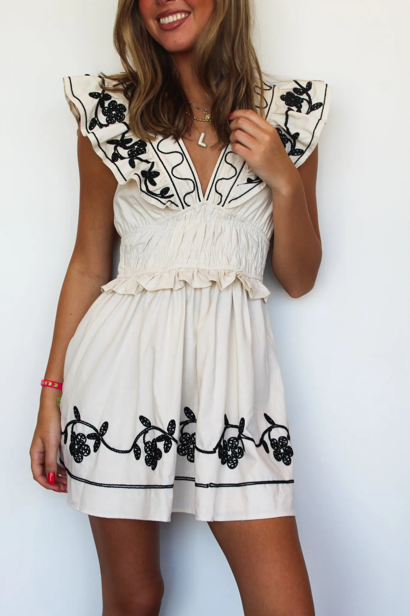 Embroidered Ruffle Deep V Dress