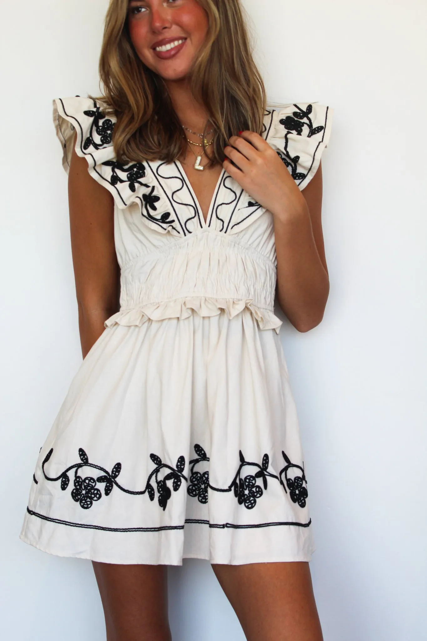 Embroidered Ruffle Deep V Dress