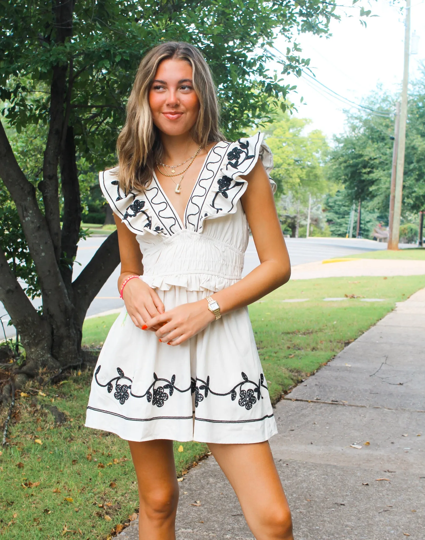 Embroidered Ruffle Deep V Dress