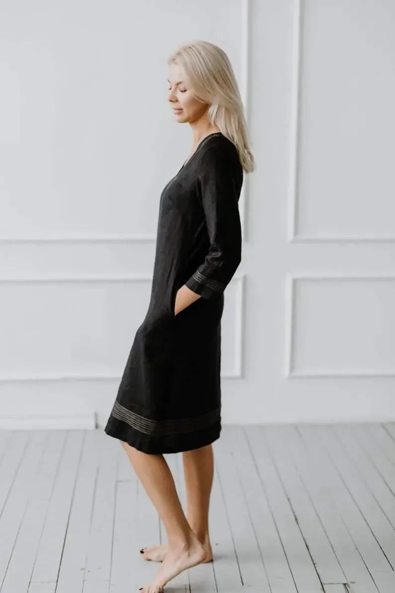 Embroidery Black Linen Dress