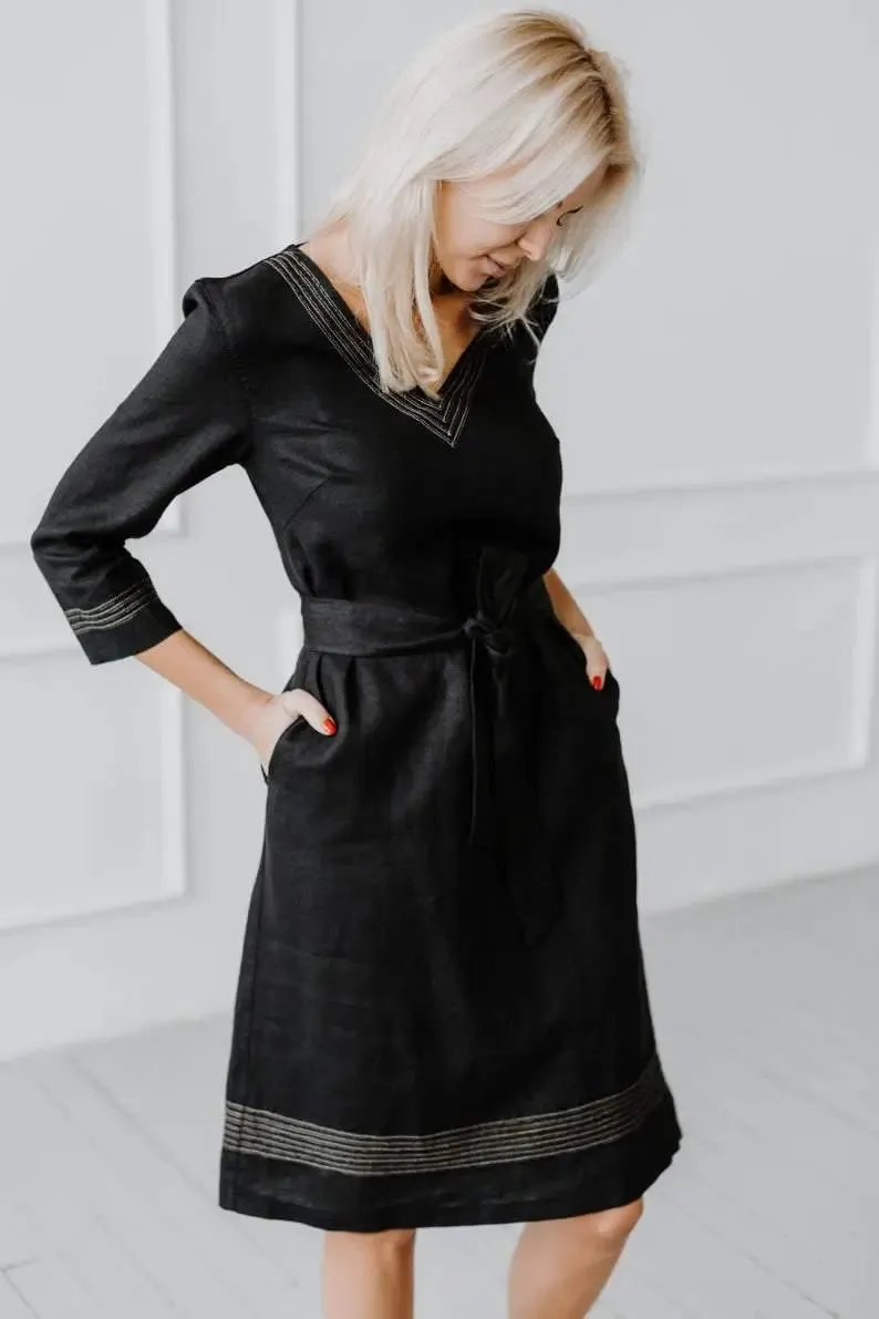 Embroidery Black Linen Dress