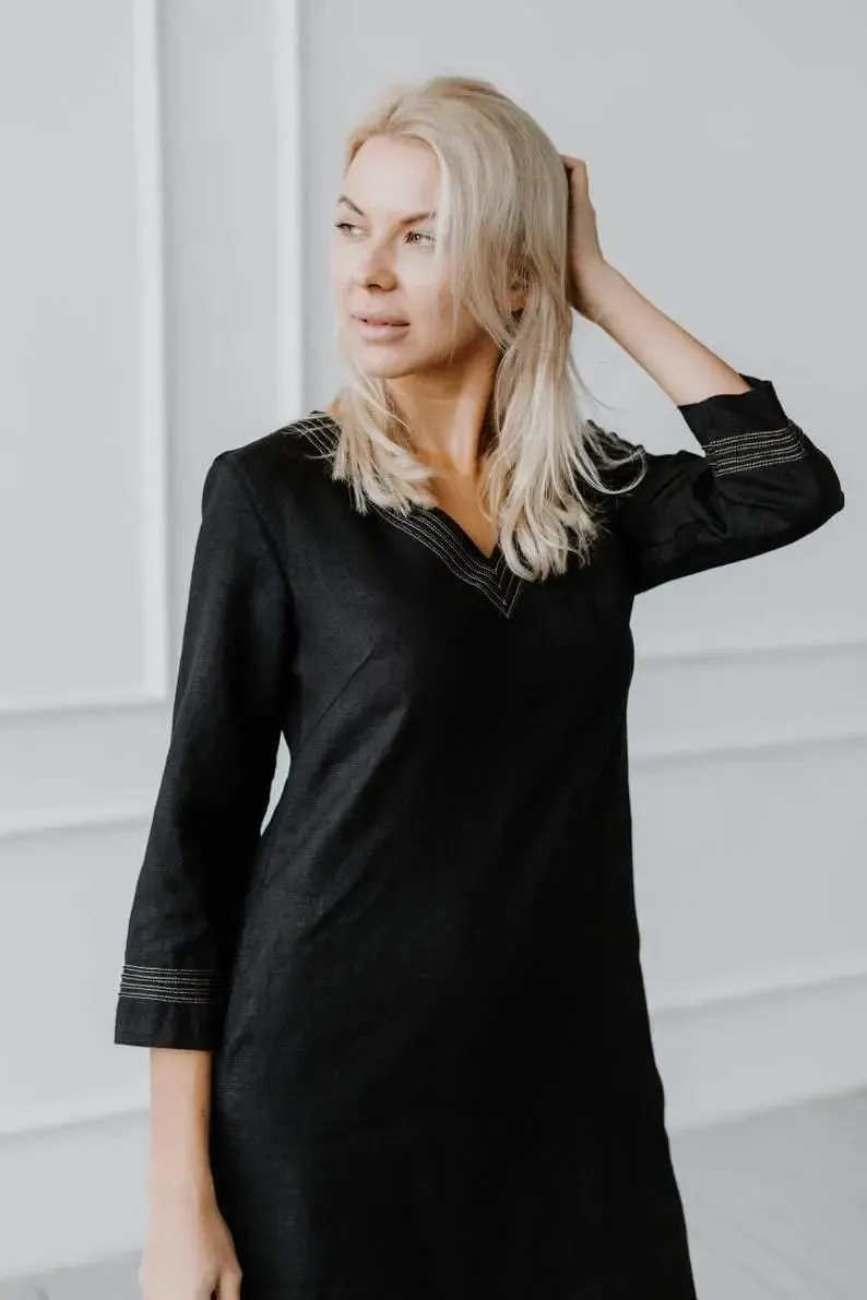 Embroidery Black Linen Dress