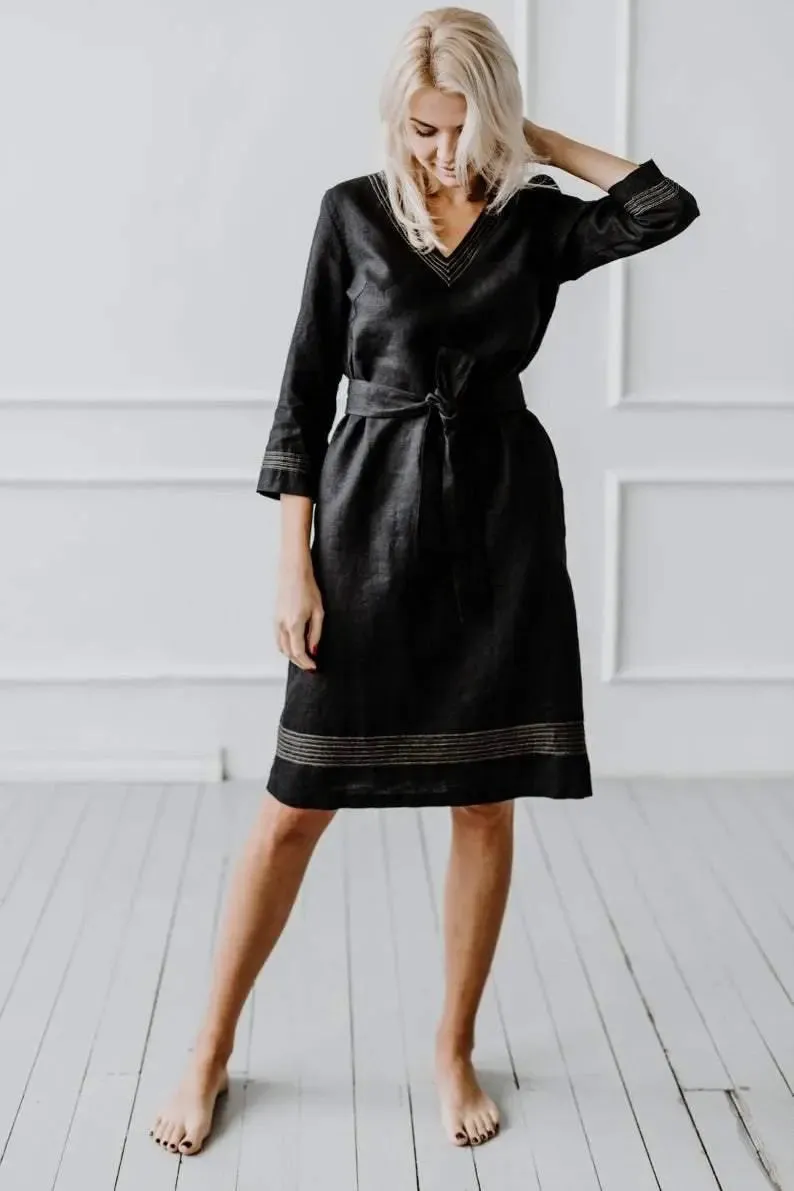 Embroidery Black Linen Dress