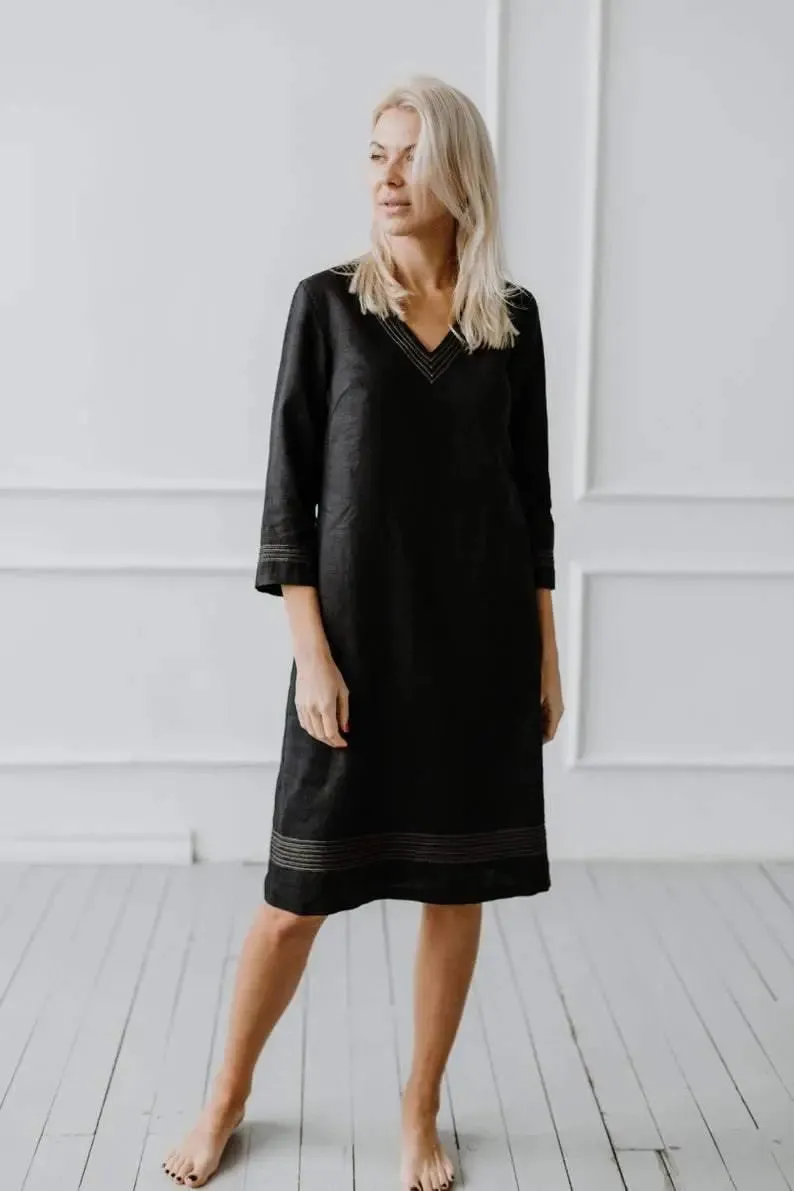 Embroidery Black Linen Dress