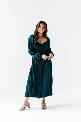 Fa La La Pleated Dress in Hunter Green