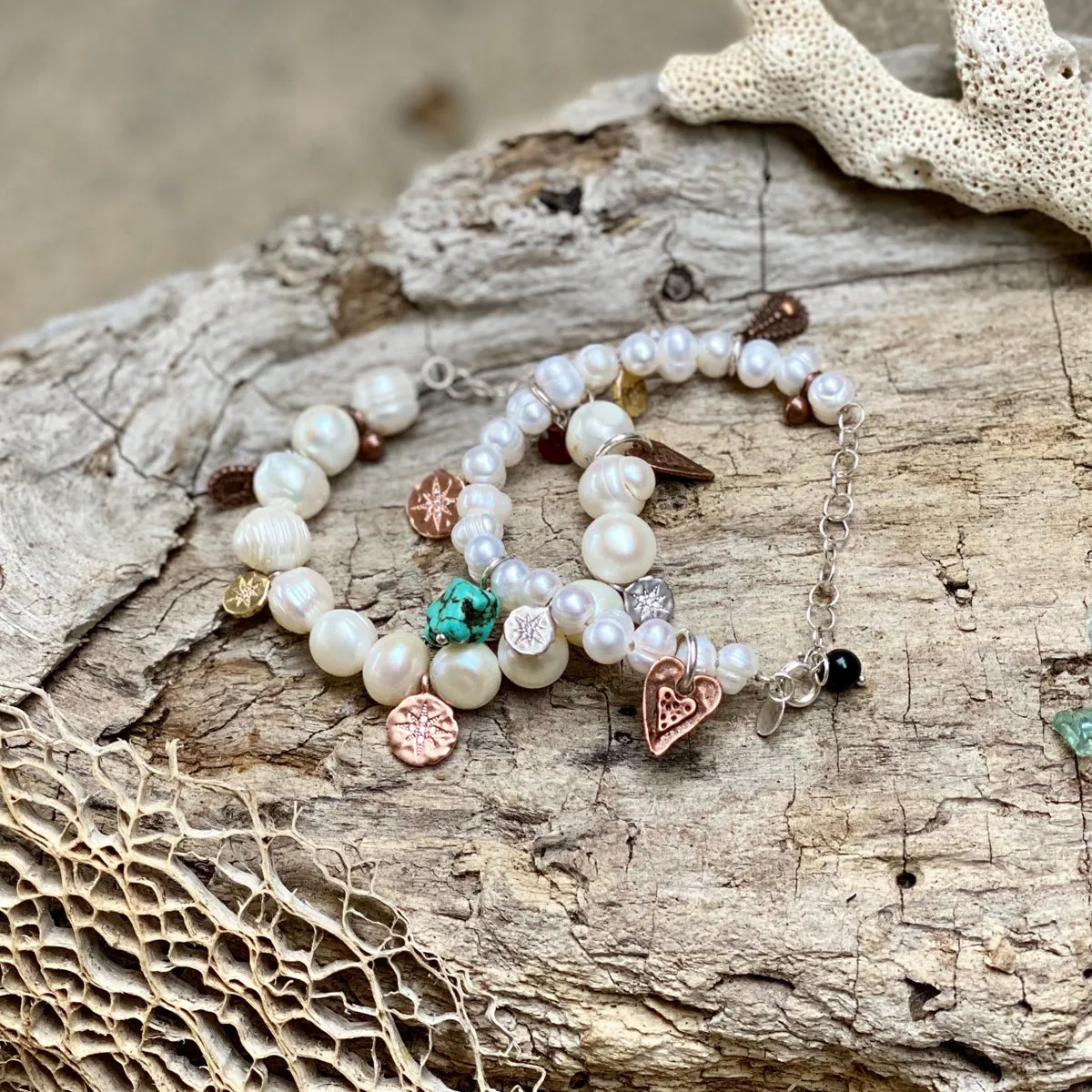 Find Your True North Pearl Bracelet with Silver, Gold, Brass and Rose Gold Charms - Combo