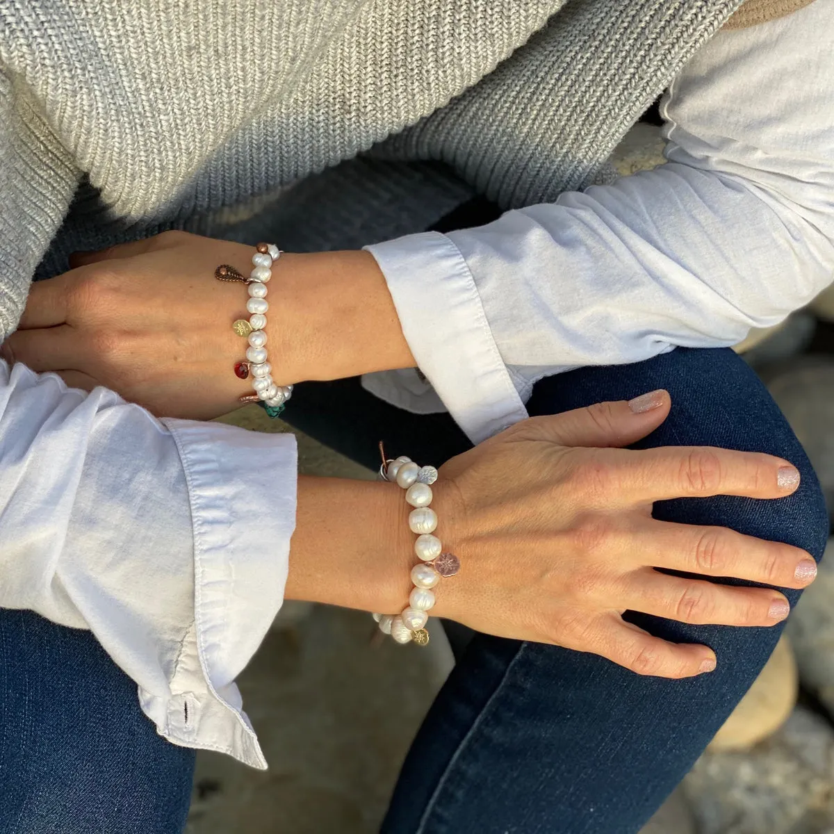 Find Your True North Pearl Bracelet with Silver, Gold, Brass and Rose Gold Charms - Combo