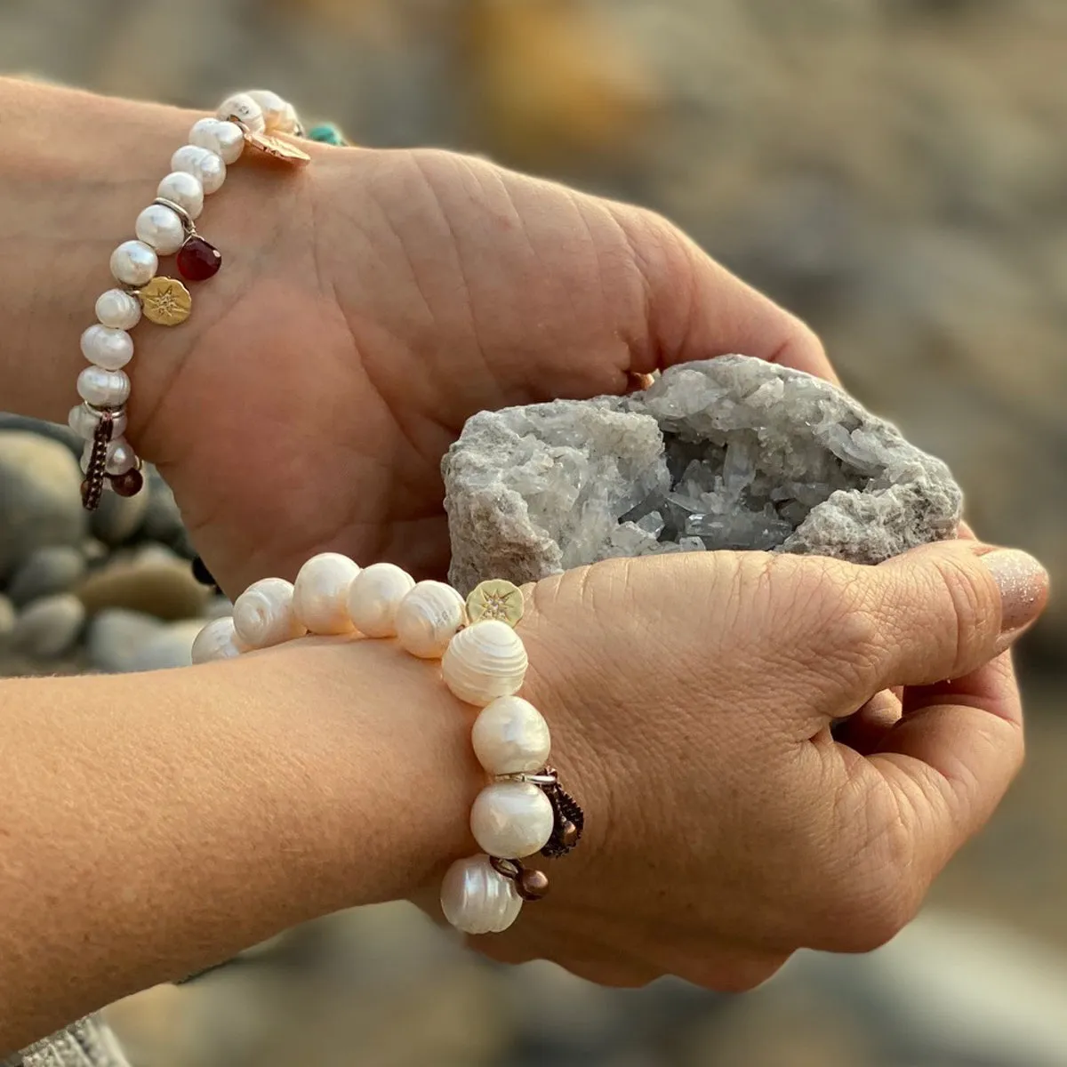 Find Your True North Pearl Bracelet with Silver, Gold, Brass and Rose Gold Charms - Combo