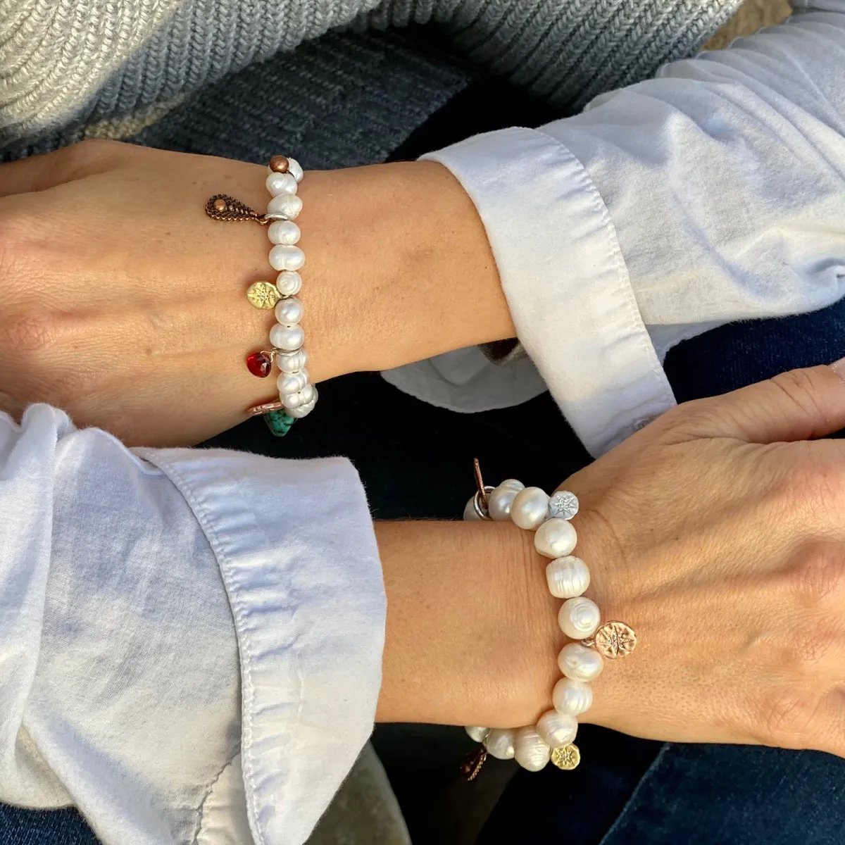 Find Your True North Pearl Bracelet with Silver, Gold, Brass and Rose Gold Charms - Combo