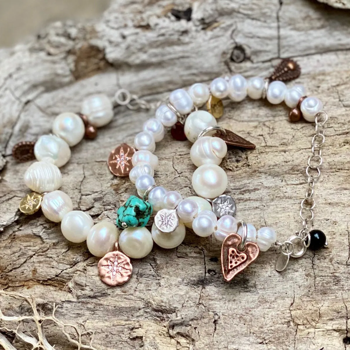 Find Your True North Pearl Bracelet with Silver, Gold, Brass and Rose Gold Charms - Combo