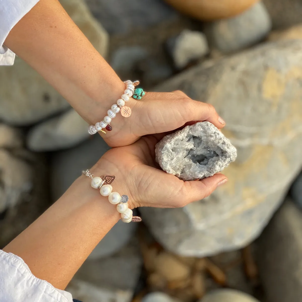 Find Your True North Pearl Bracelet with Silver, Gold, Brass and Rose Gold Charms - Combo