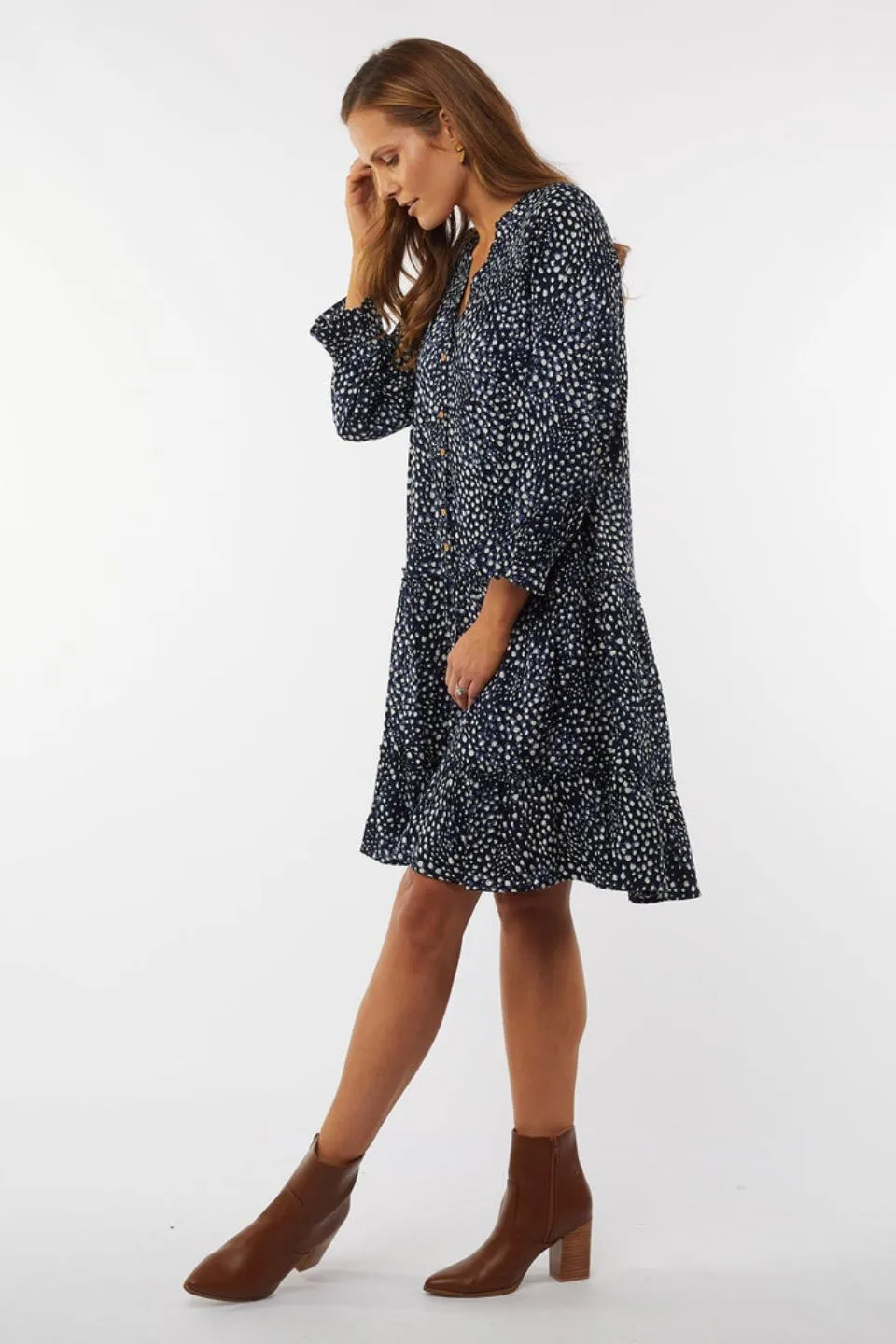 Gillian LS Button Front Tiered Mini Navy Animal Dress