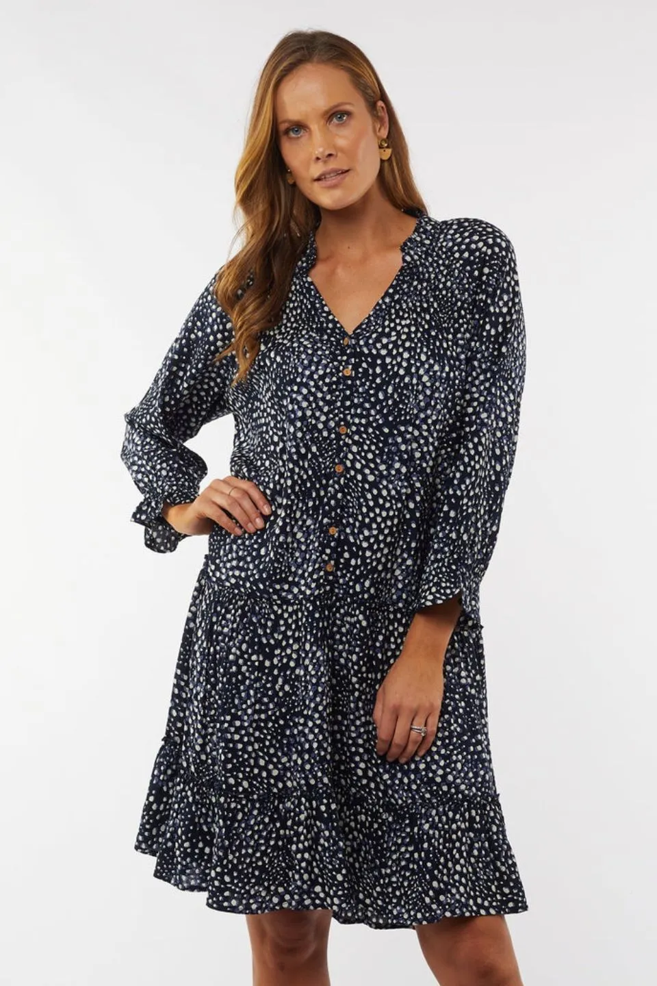 Gillian LS Button Front Tiered Mini Navy Animal Dress