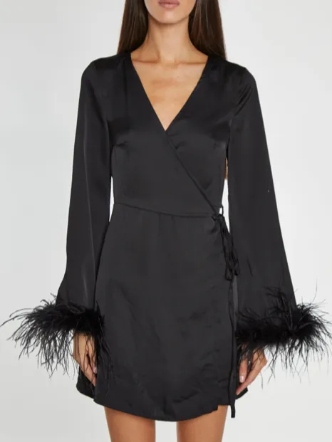 GLAMOROUS Satin Feather Trim Wrap Mini Dress