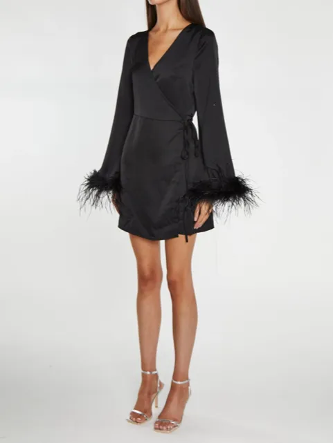 GLAMOROUS Satin Feather Trim Wrap Mini Dress