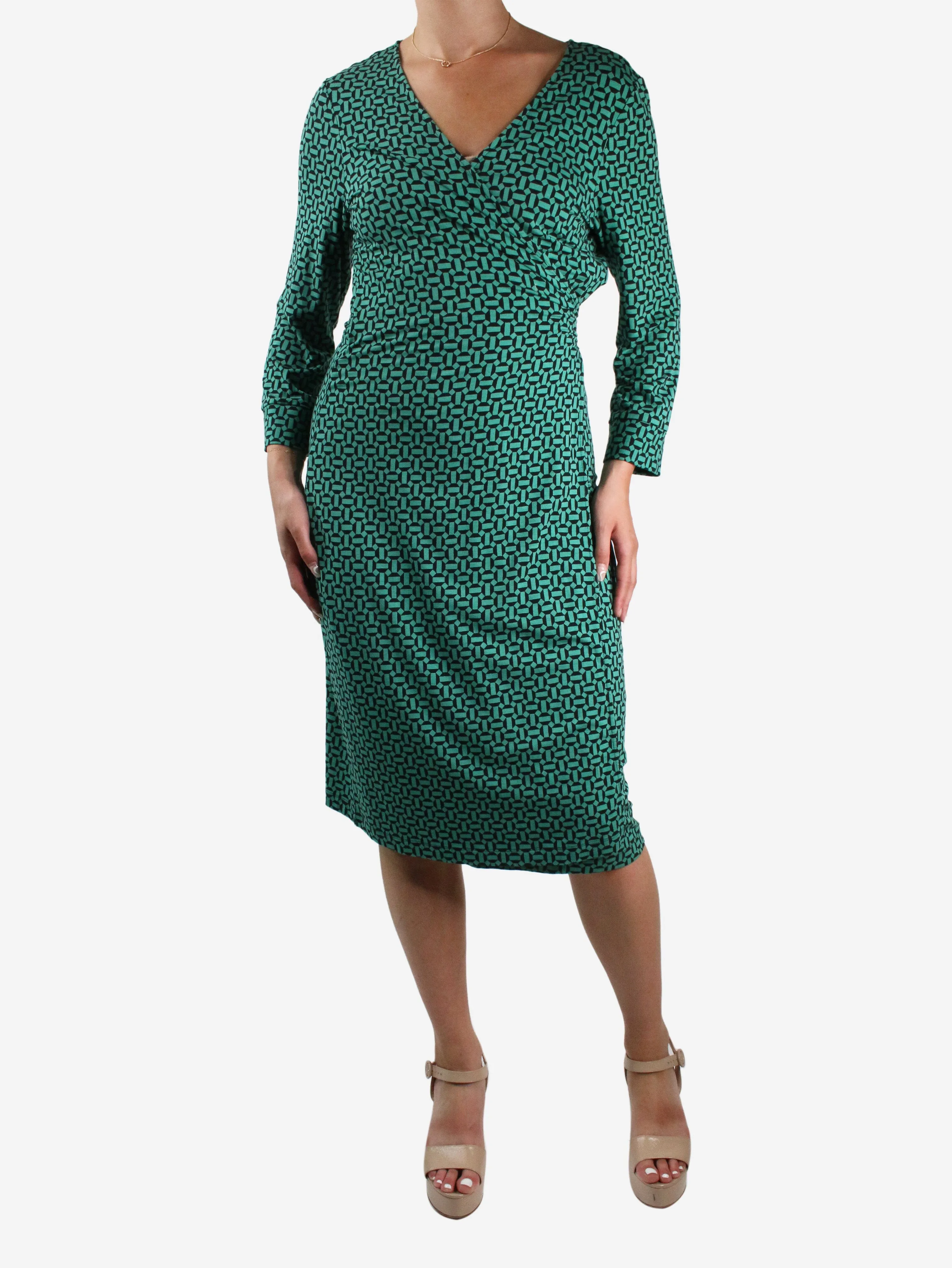 Green geometric print wrap dress - size L