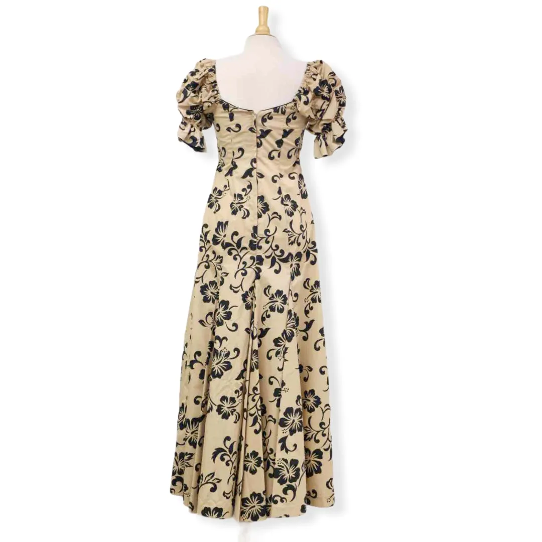 Half Sleeve Beige Hibiscus Hawaiian Dress 2866