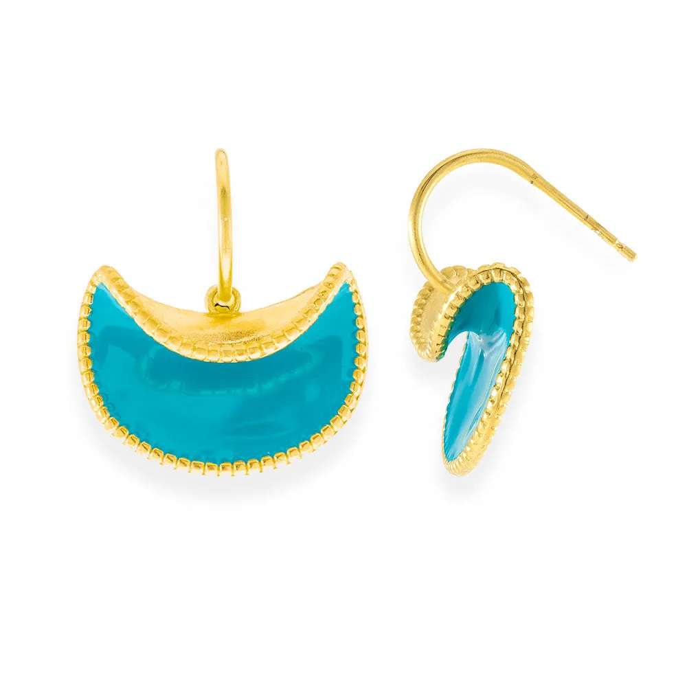 Handmade Gold Plated Silver Dangle Earrings with Turquoise Enamel Folded Flowers