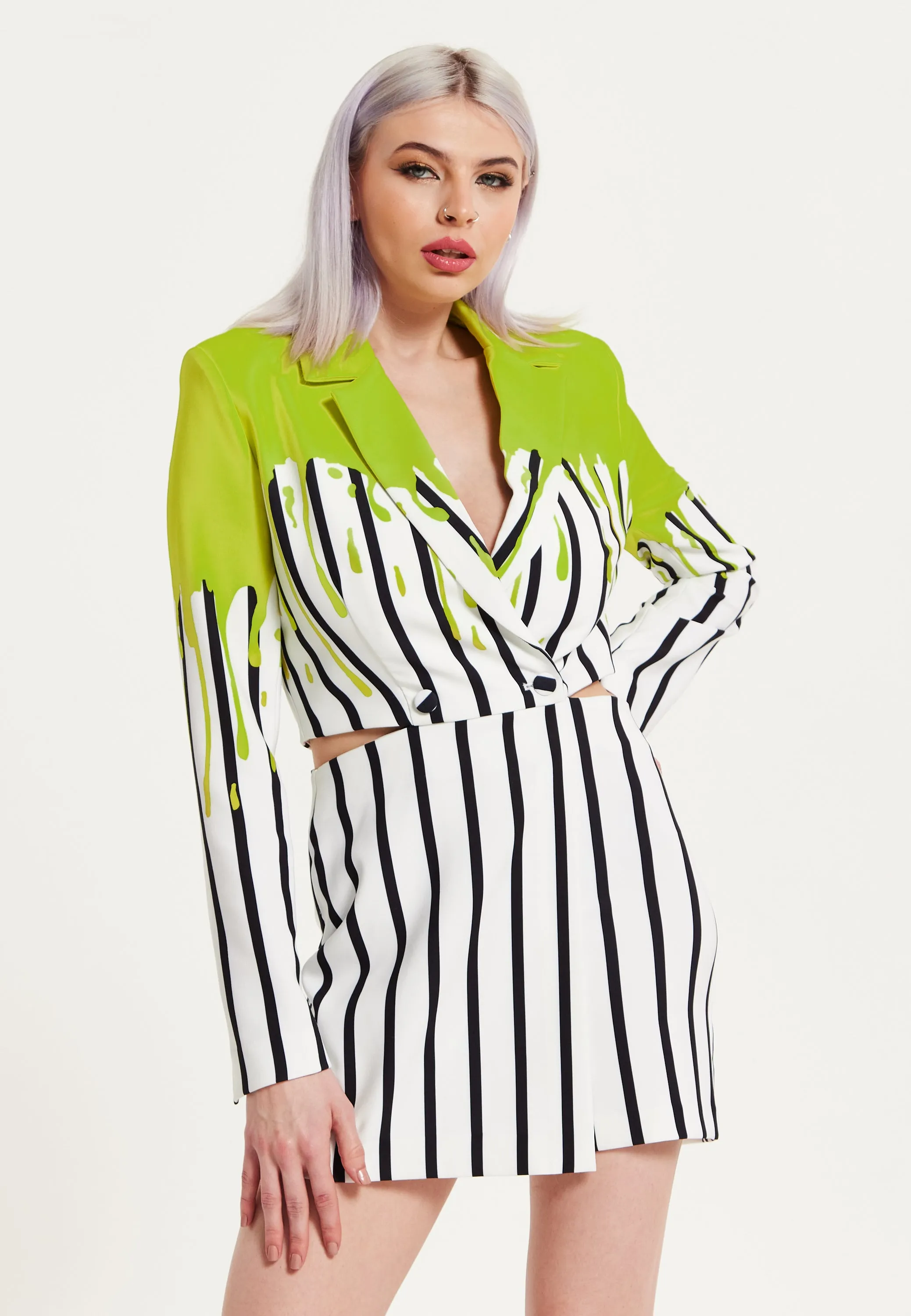 House Of Holland Stripe Monochrome Acid Green Splash Skort Playsuit