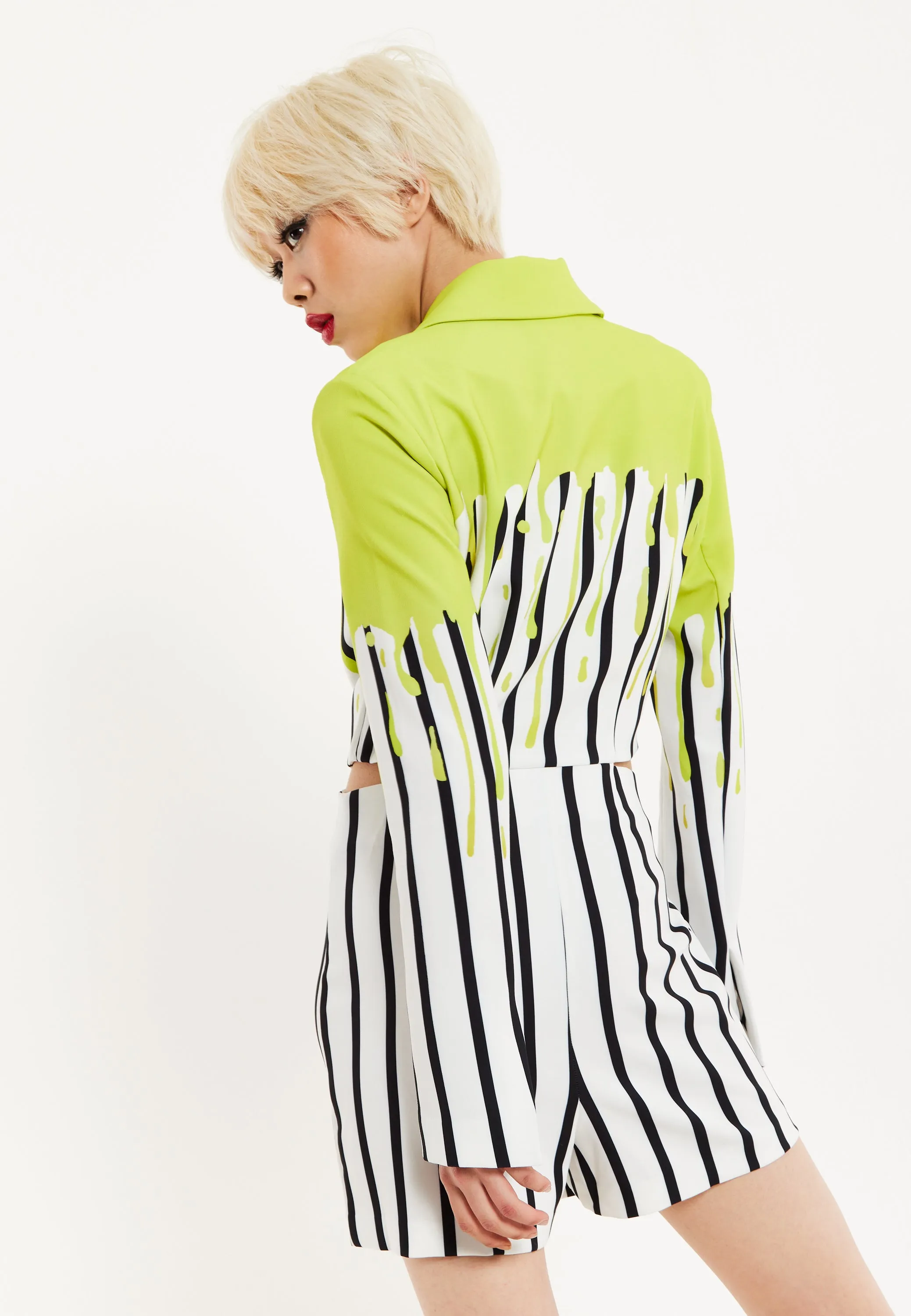 House Of Holland Stripe Monochrome Acid Green Splash Skort Playsuit