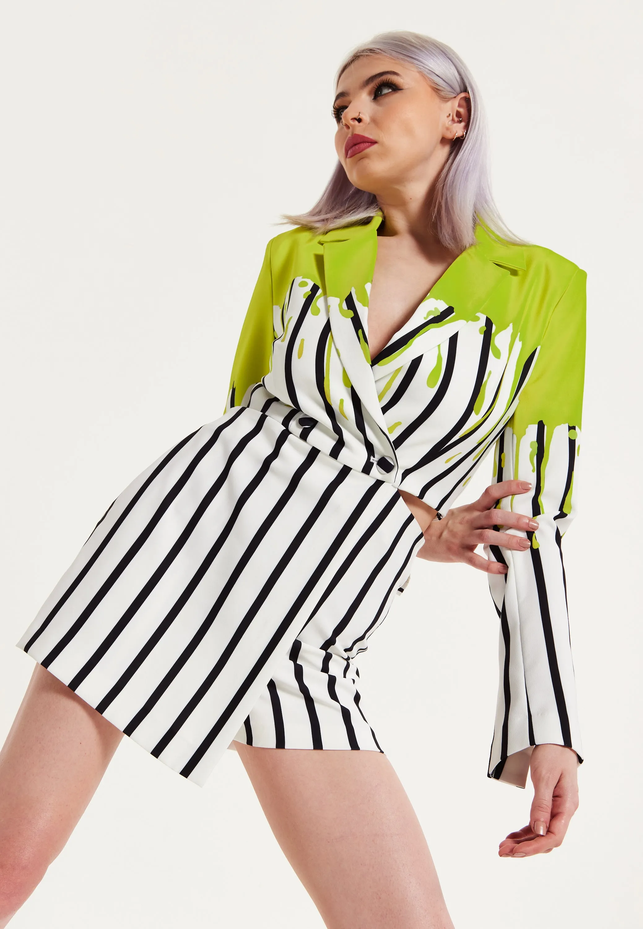 House Of Holland Stripe Monochrome Acid Green Splash Skort Playsuit