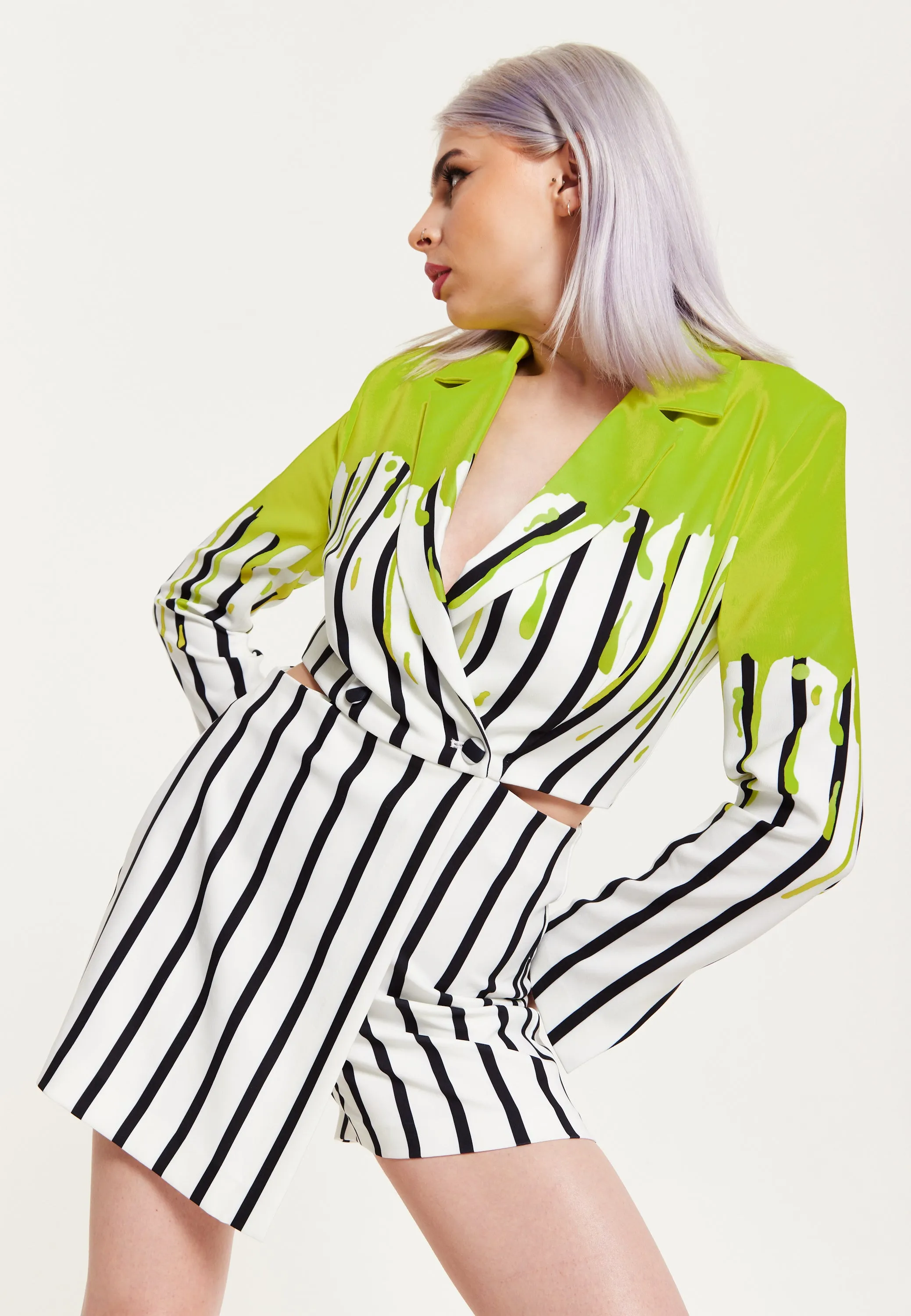 House Of Holland Stripe Monochrome Acid Green Splash Skort Playsuit