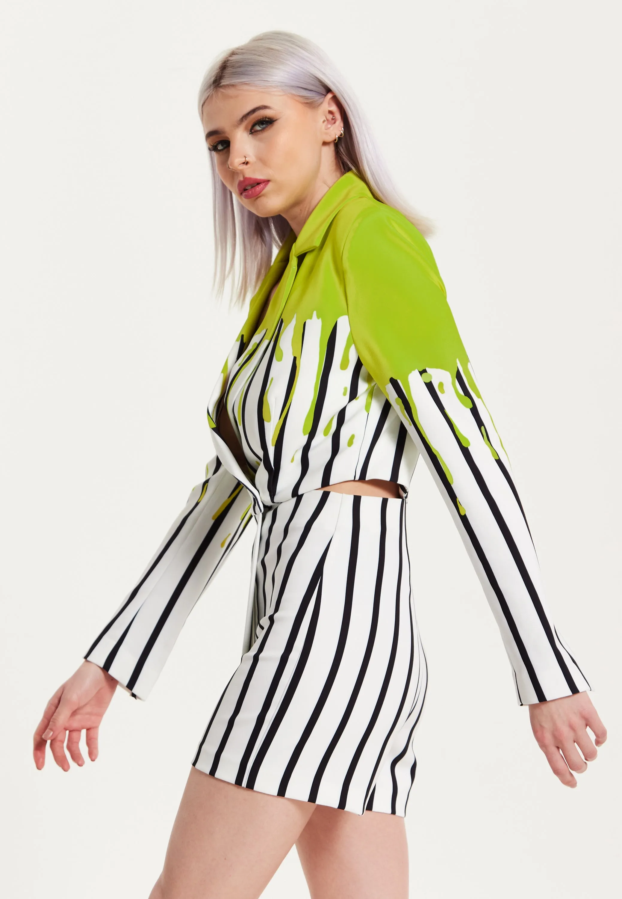 House Of Holland Stripe Monochrome Acid Green Splash Skort Playsuit