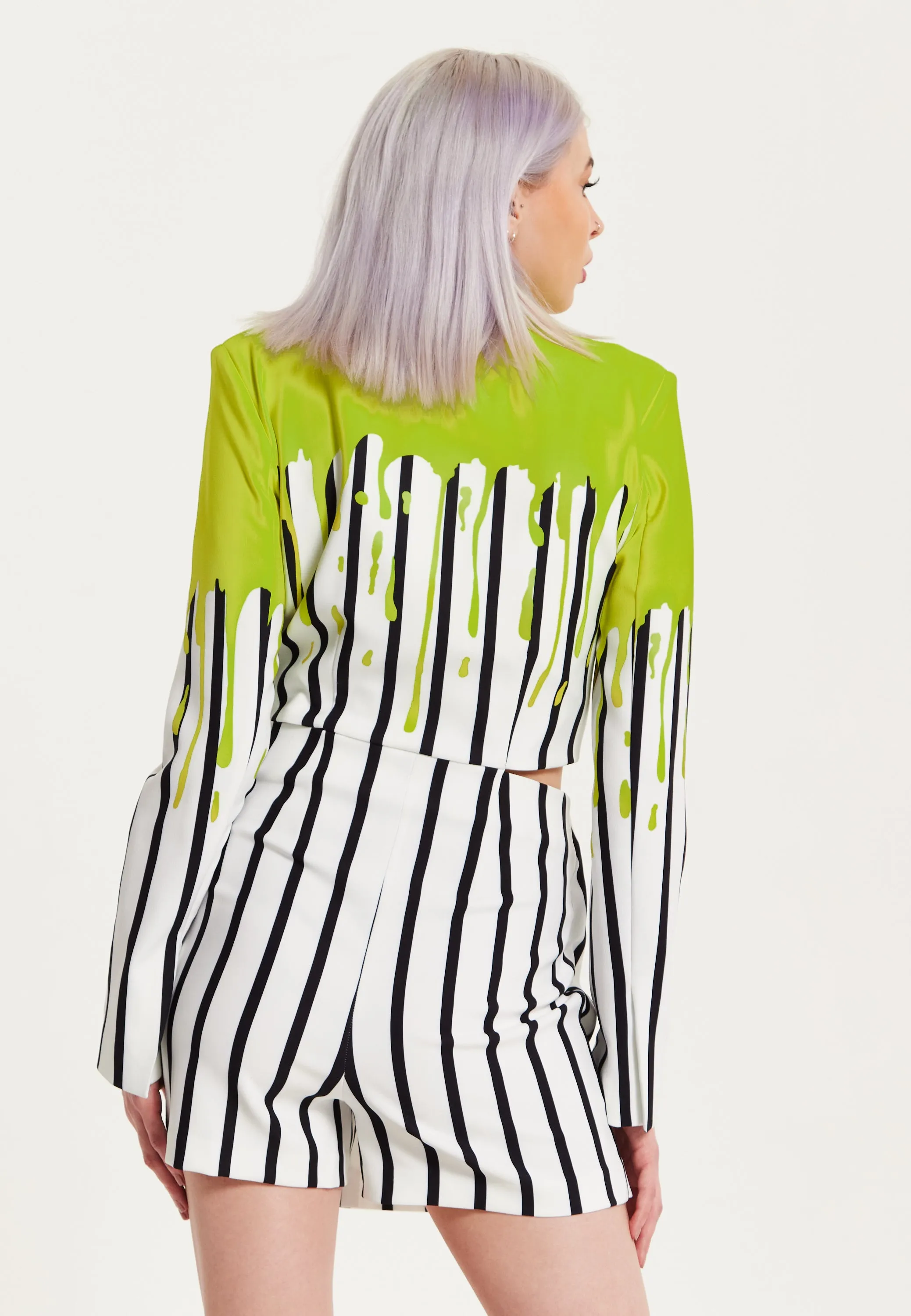 House Of Holland Stripe Monochrome Acid Green Splash Skort Playsuit