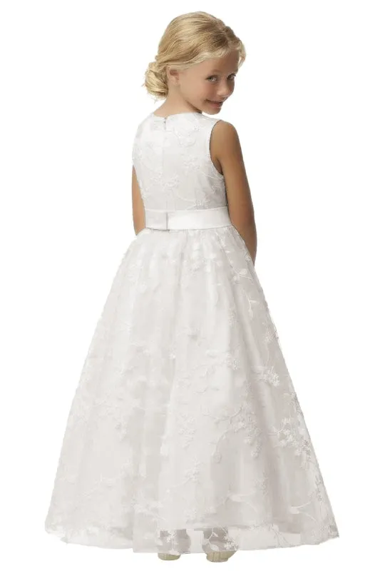 Ivory Flower Girl Dress Sleveless Jewel Neck Satin Little Girl Dress for Weddings with Lace Appliques