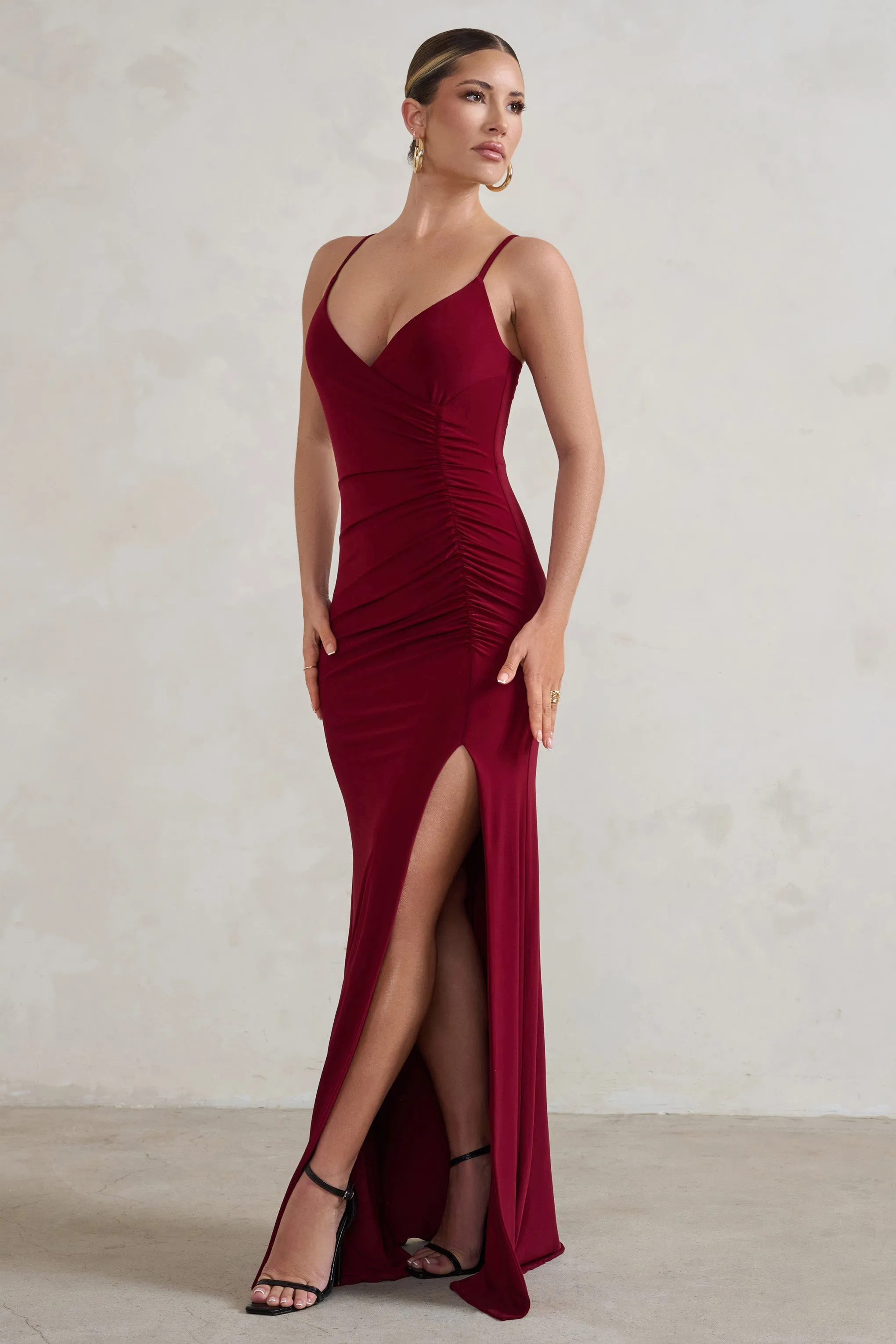 Jeanne | Berry Red Plunge Ruched Cami Maxi Dress With Split