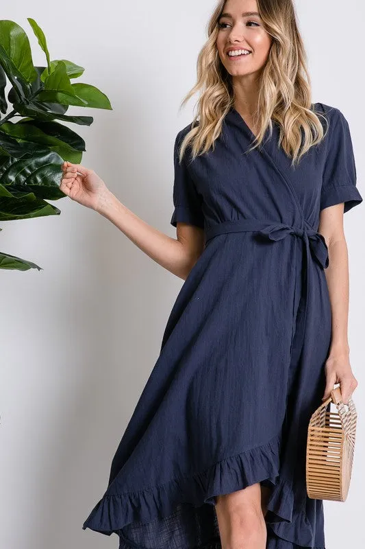 Leah Wrap Midi Dress in Navy