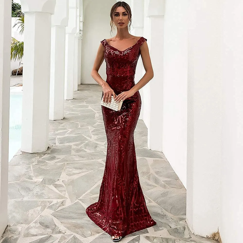 Maxi Formal Off Shoulder Sequin Backless Sleeveless Slim fit Mermaid Dress