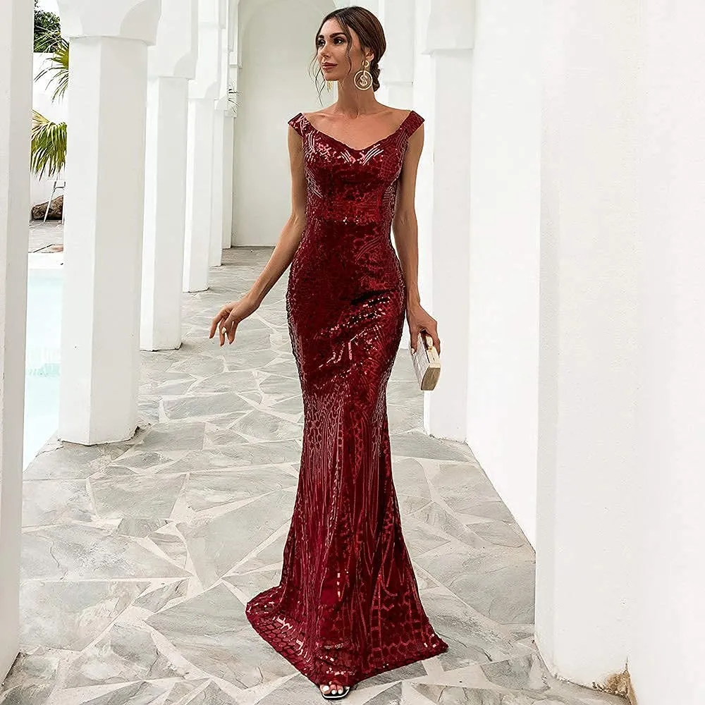 Maxi Formal Off Shoulder Sequin Backless Sleeveless Slim fit Mermaid Dress