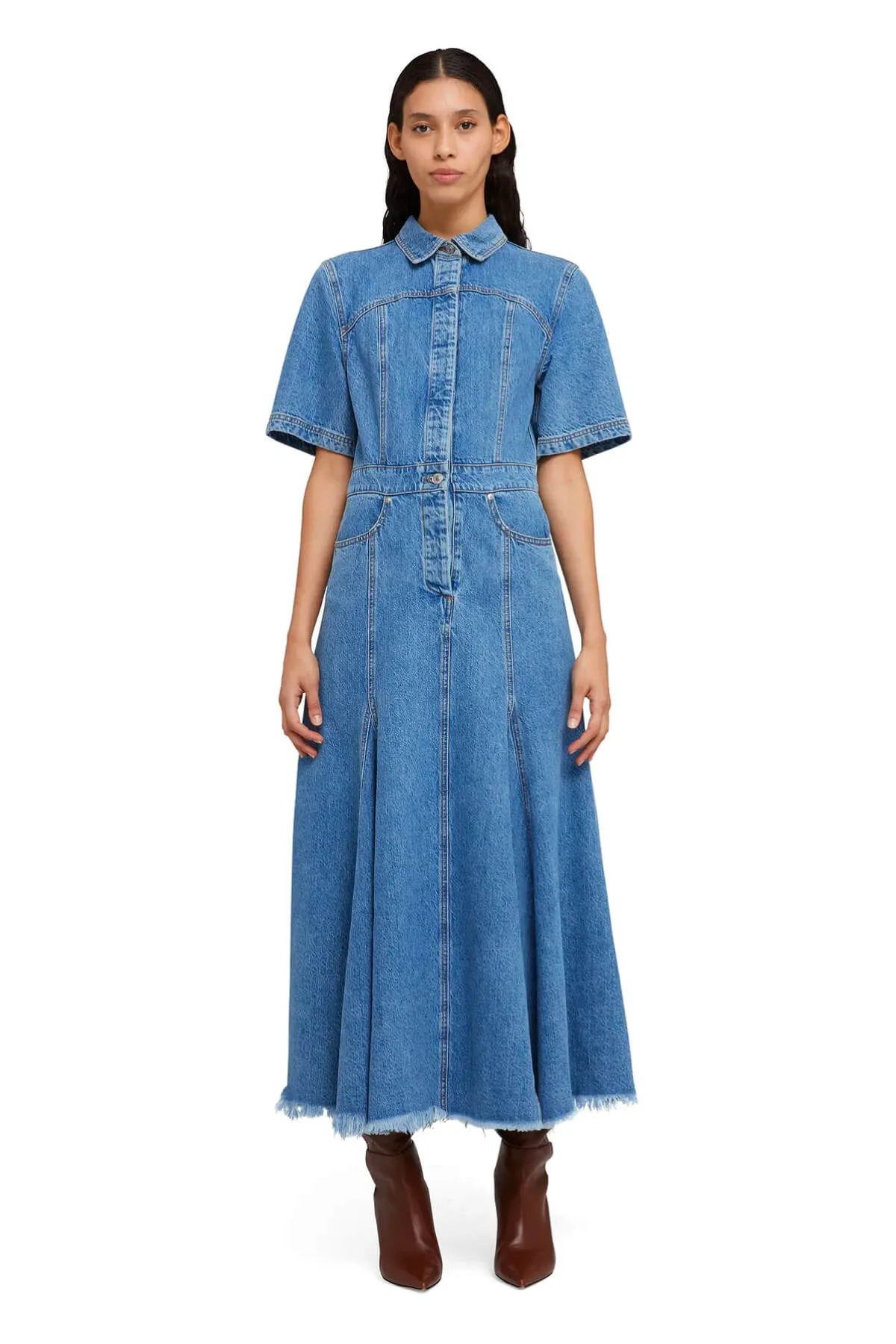 Blue Denim Midi Dress by MSGM with Short Sleeves