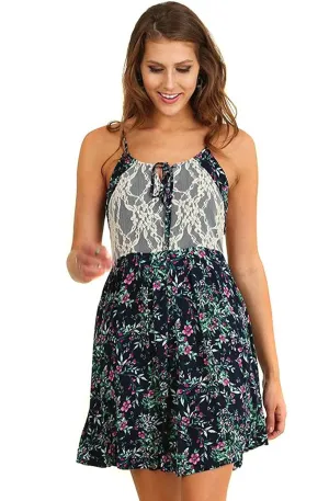 Navy Blue Floral Print Sleeveless Sheer Lace Dress