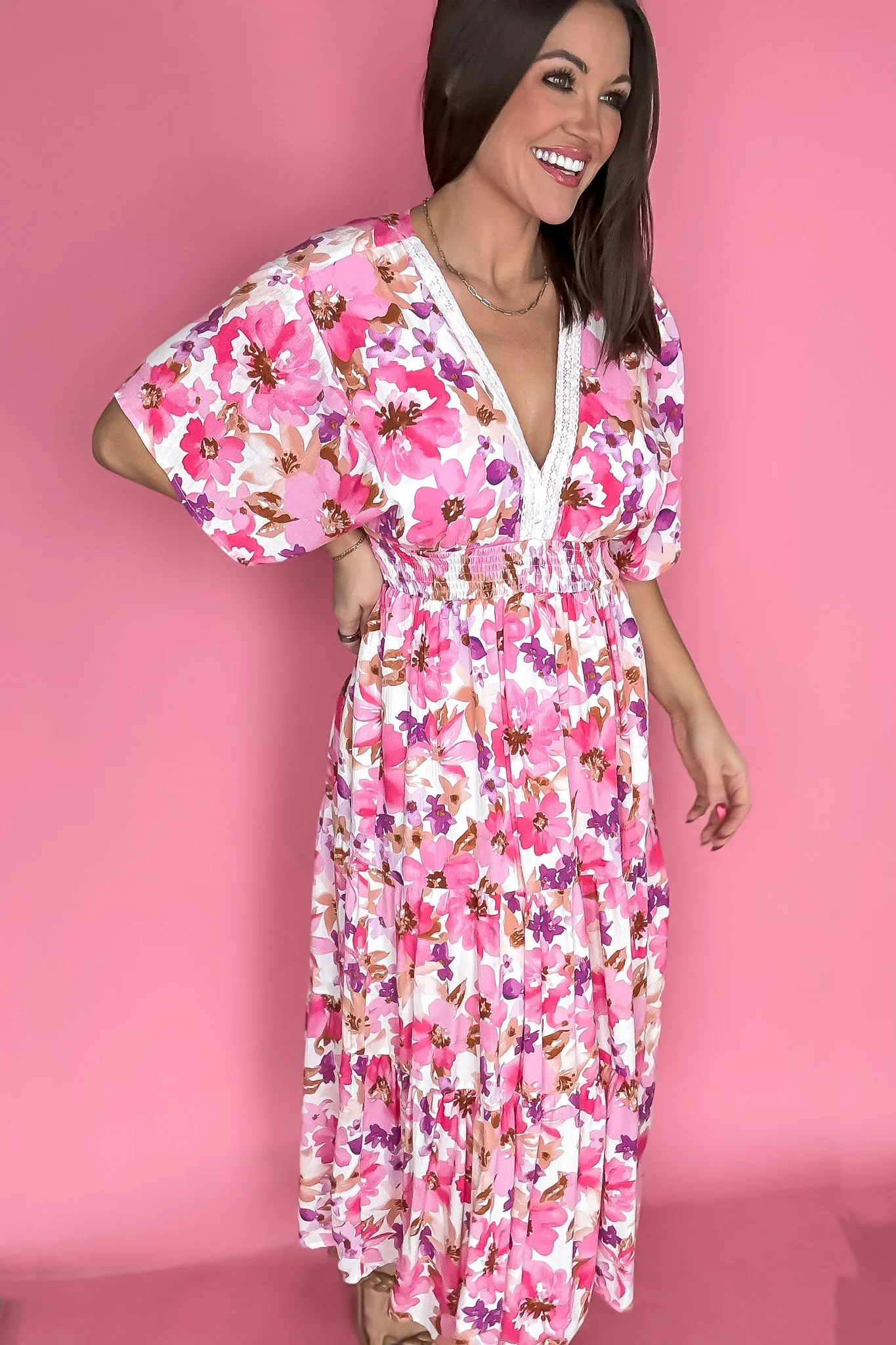 Pink Floral Print V Neck Maxi Dress