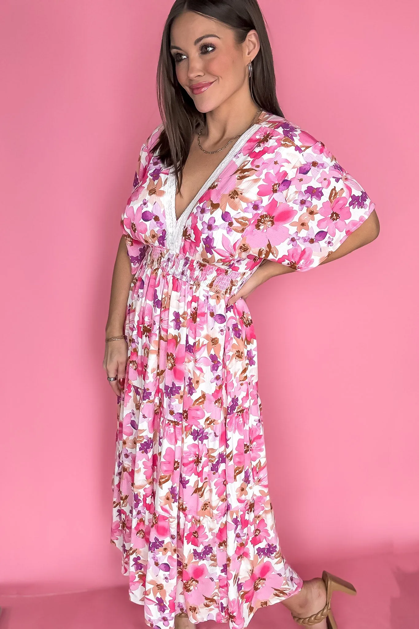 Pink Floral Print V Neck Maxi Dress