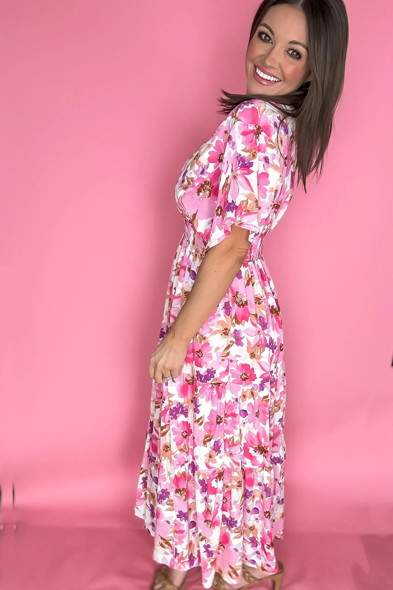 Pink Floral Print V Neck Maxi Dress