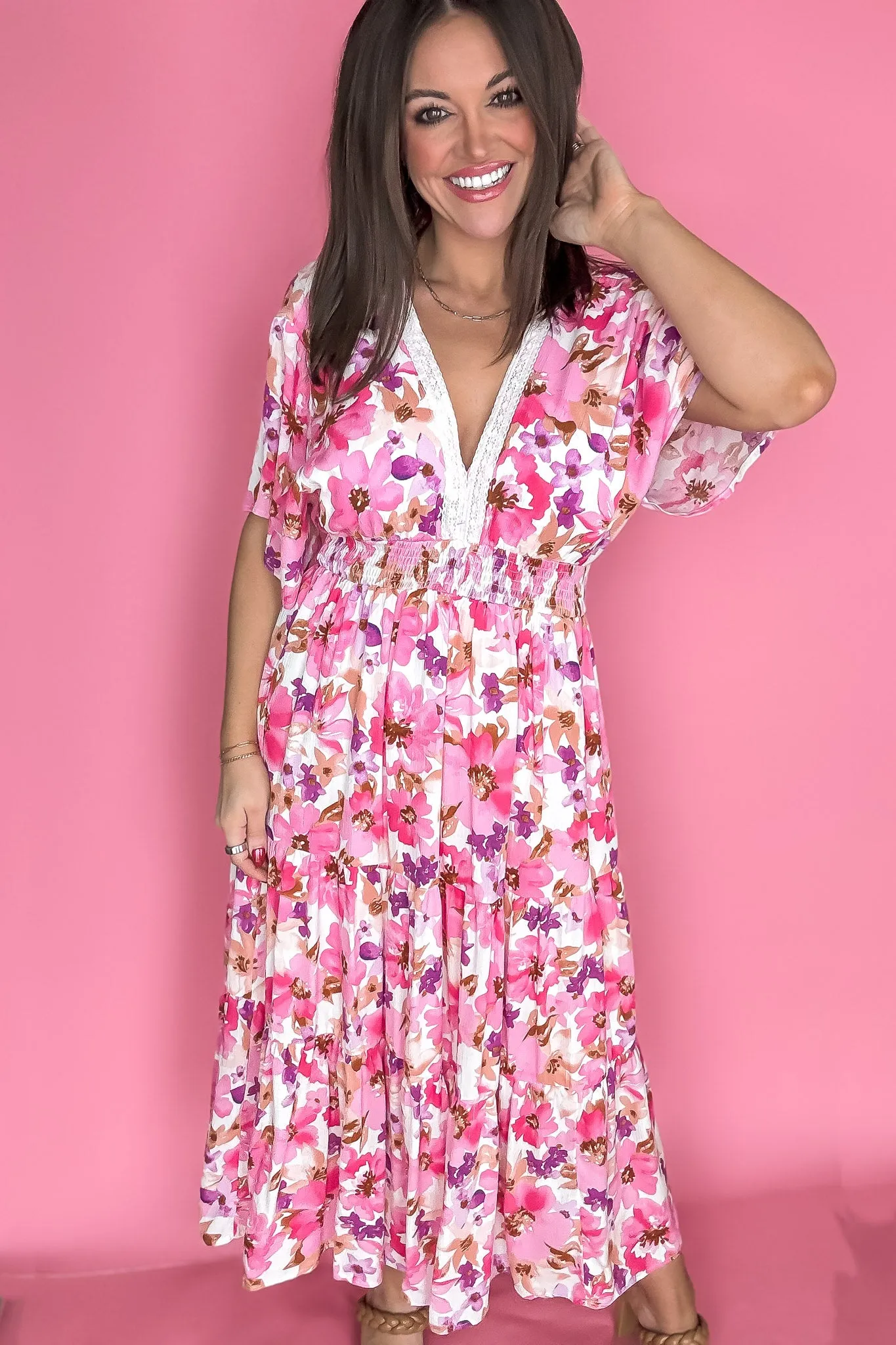 Pink Floral Print V Neck Maxi Dress