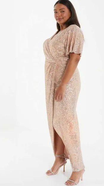 Pink Sequin Wrap Midi Dress