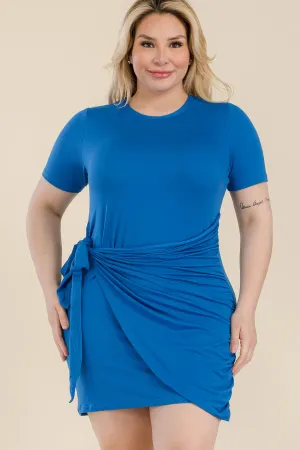 Plus Size Solid Wrap Front Tie Side Short Sleeve Mini Dress