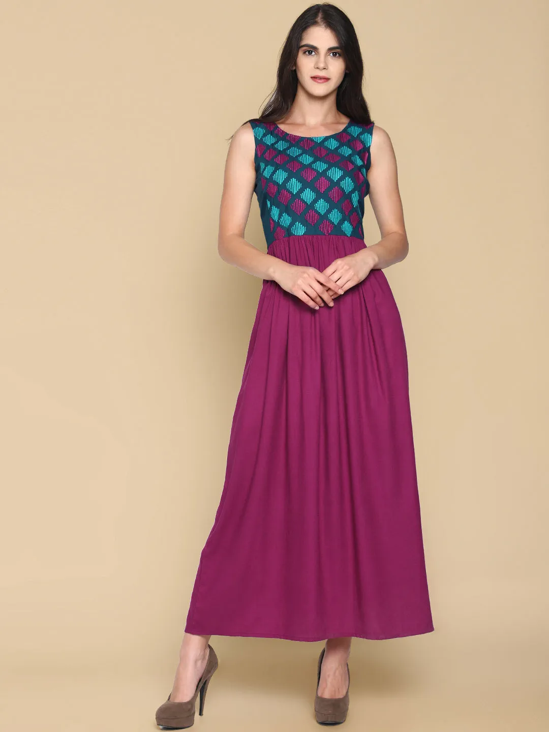 Purple Embroidered Yoke Maxi Dress