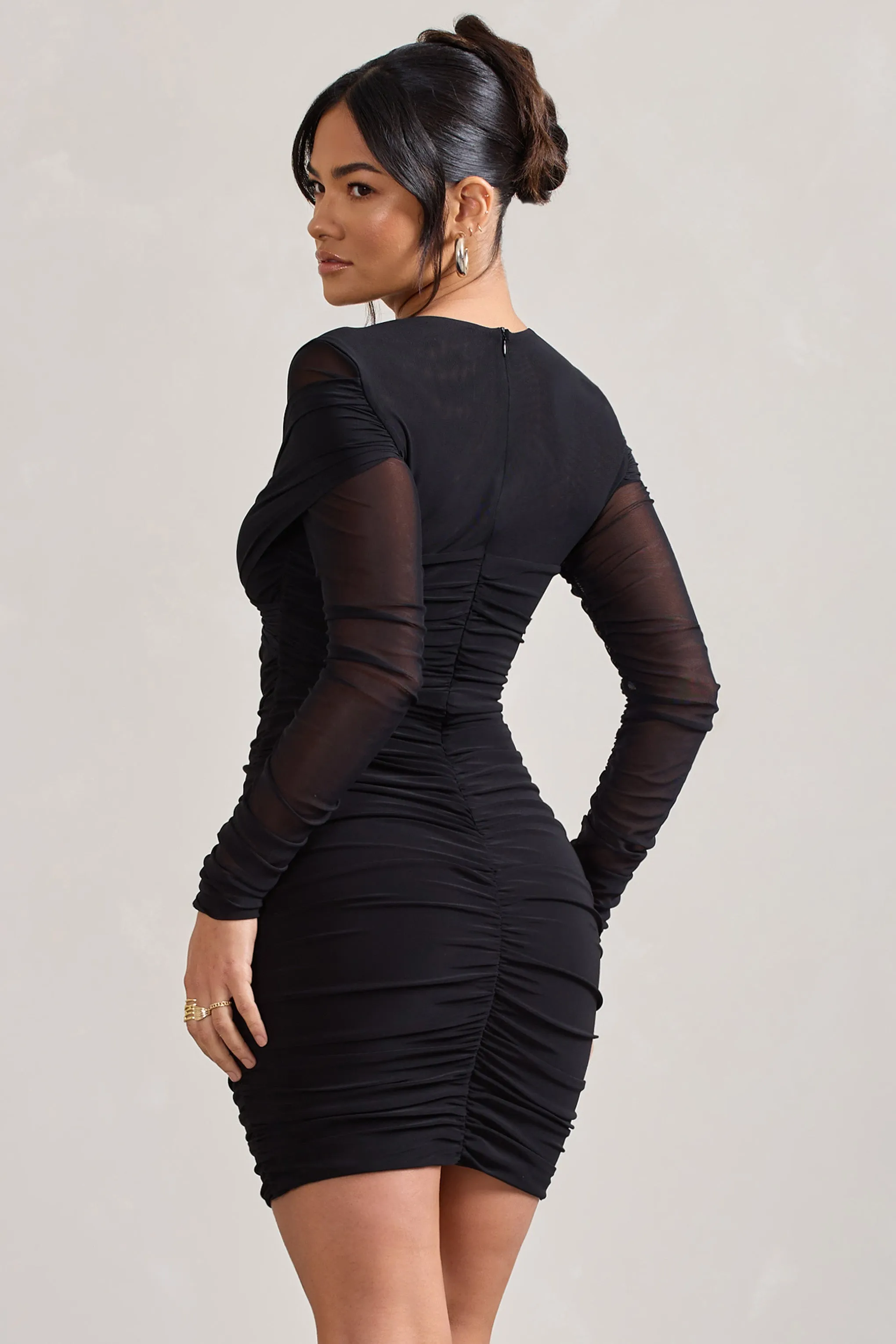 Sparks Fly | Black Ruched Mesh Long-Sleeved Bodycon Mini Dress