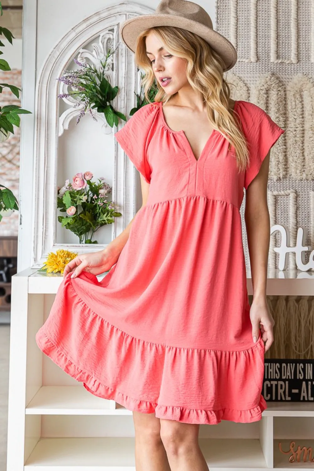 Sunset Vacation Ruffled Notched Cap Sleeve Dress