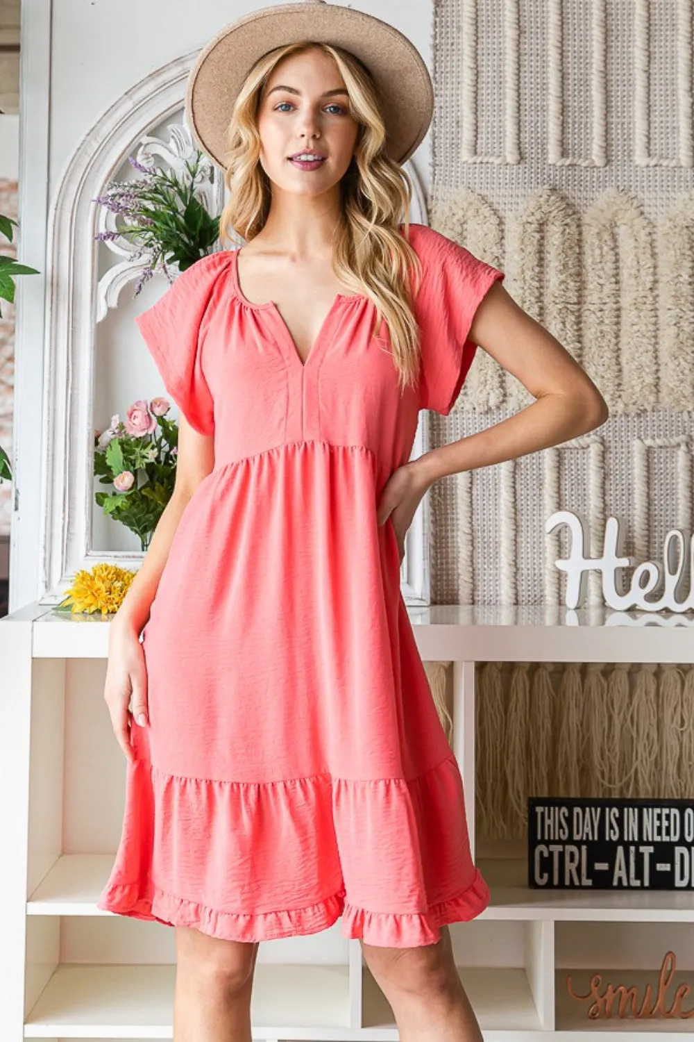 Sunset Vacation Ruffled Notched Cap Sleeve Dress