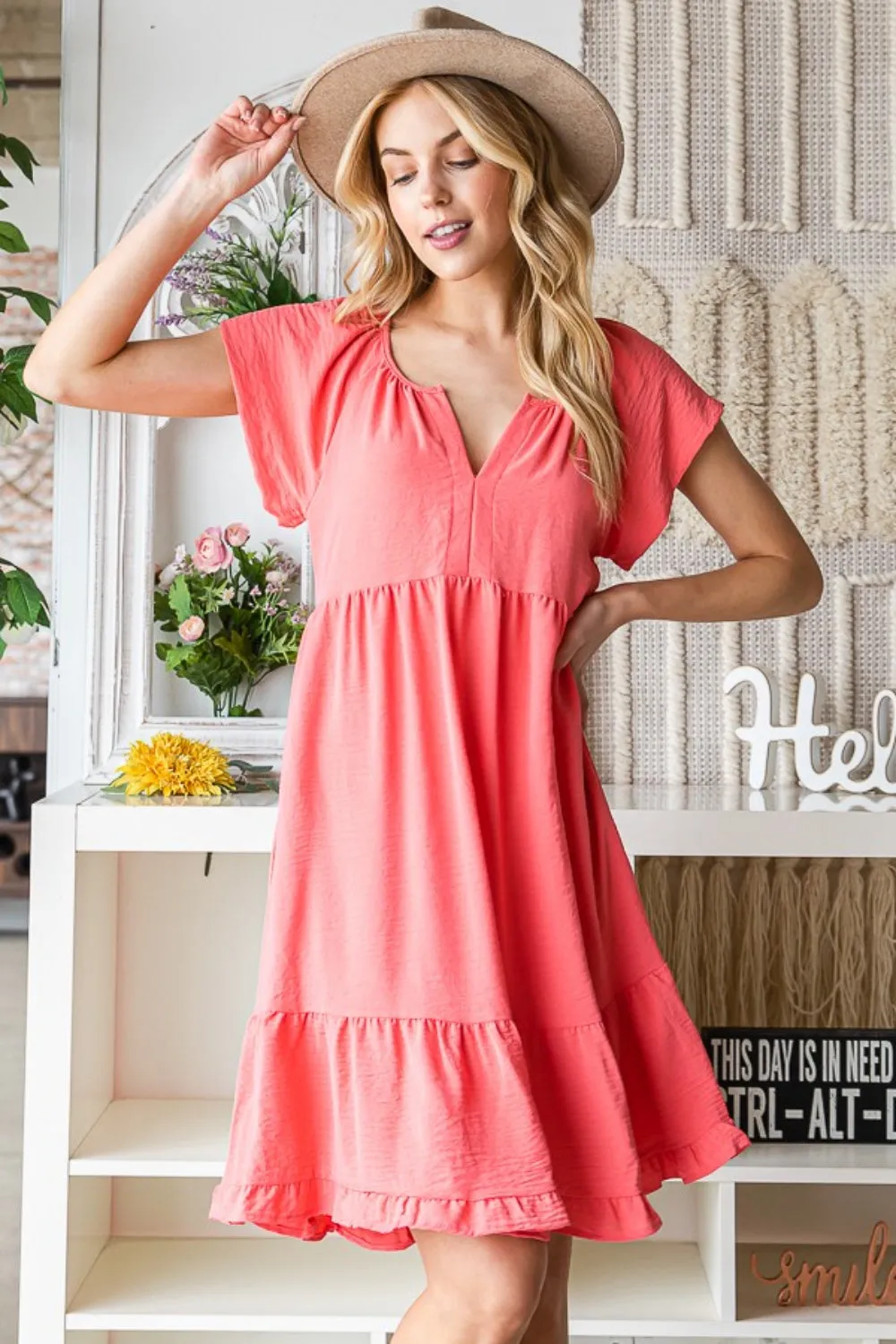 Sunset Vacation Ruffled Notched Cap Sleeve Dress