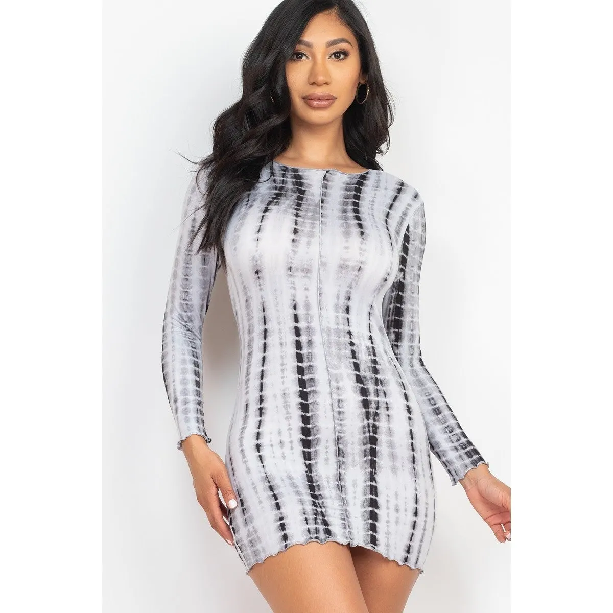 Tie-dye Printed Lettuce Trim Bodycon Dress